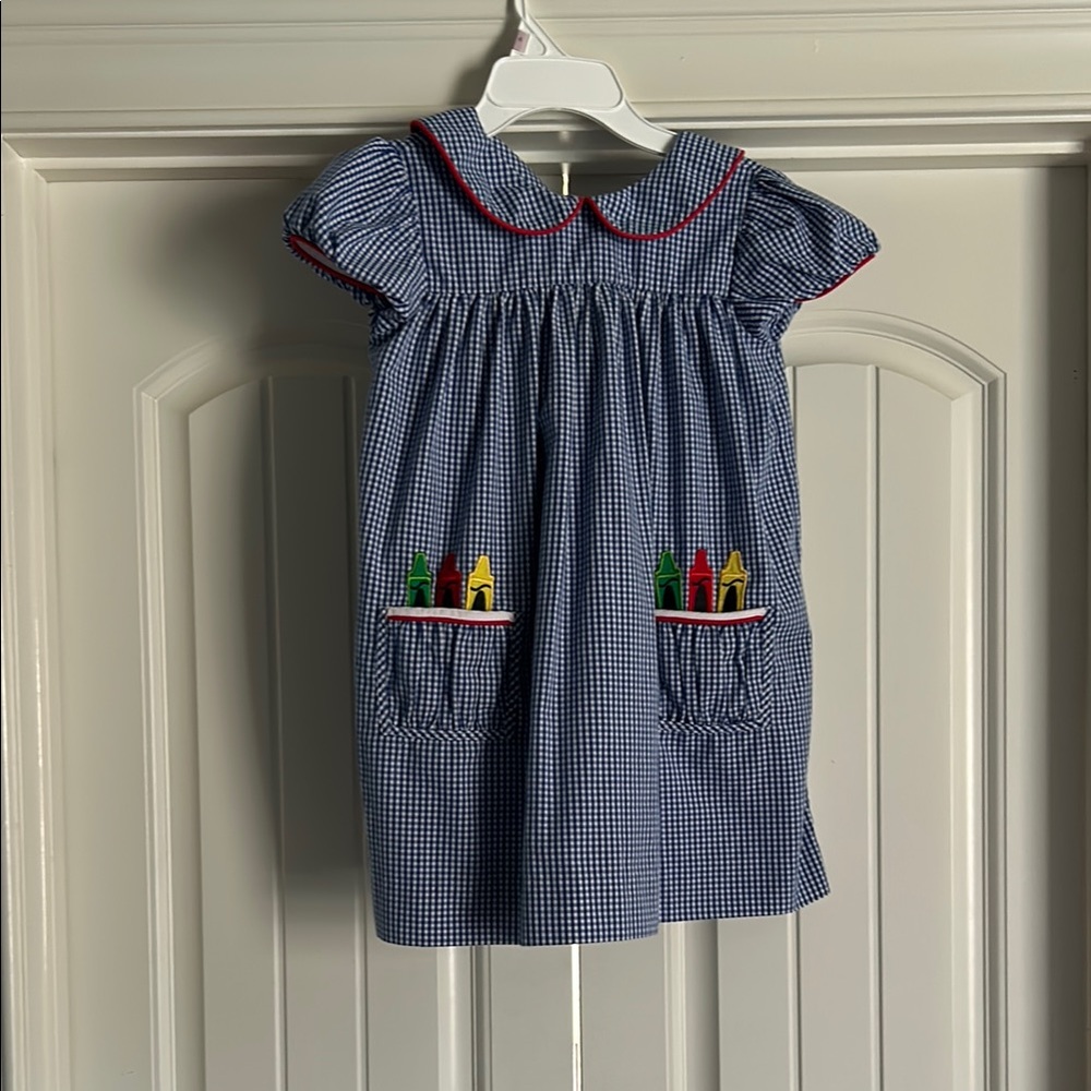 Blue Gingham Kids Dress with Colorful House Pockets